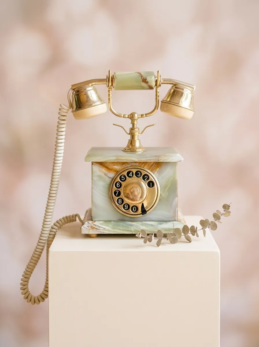 Das Telefon von vorn auf einem hellen Podest vor rosafarbenem Hintergrund