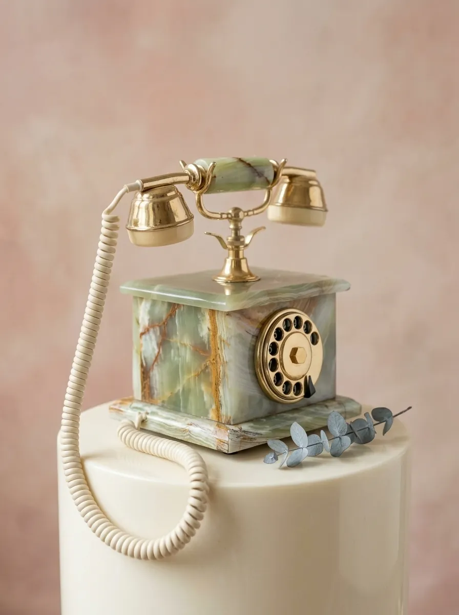 Das Telefon mit abgehobenem Hörer, das Spiralkabel fällt über den Sockel