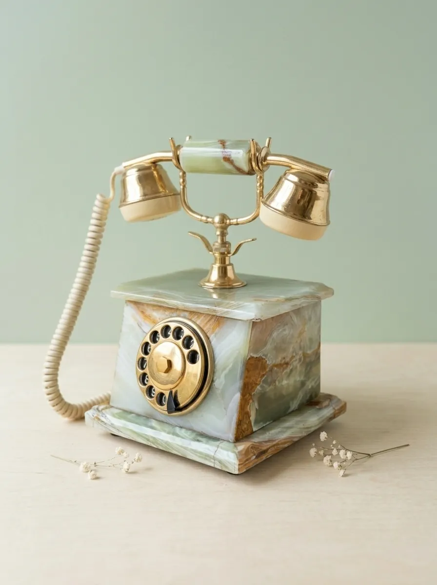 Das Telefon auf einem Holztisch, daneben getrocknetes Schleierkraut