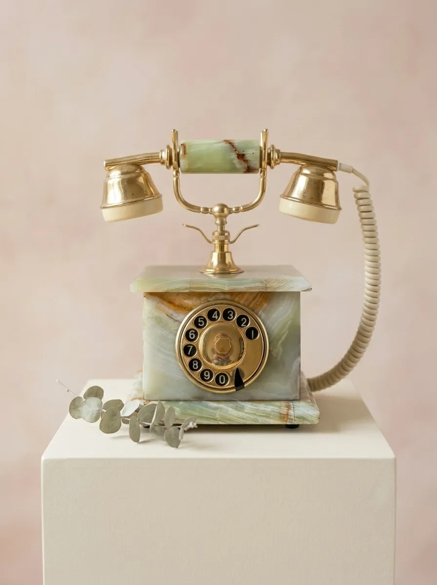 Altes Wählscheibentelefon aus grünem Onyx-Marmor mit goldenem Hörer, daneben ein Eukalyptuszweig