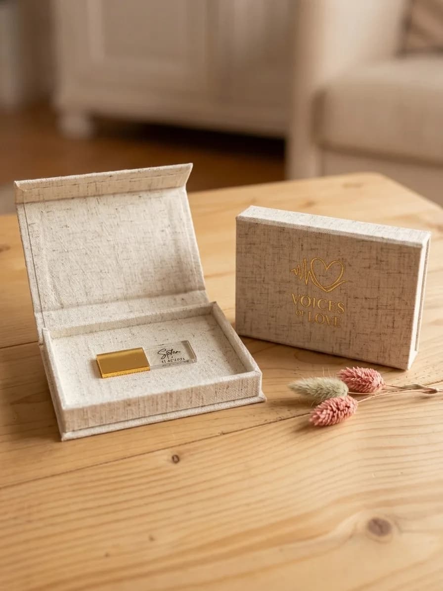 Die geöffnete USB-Box aus hellem Leinen mit dem Stick darin, daneben die geschlossene Box mit goldener Gravur des Voices-of-Love-Herzens